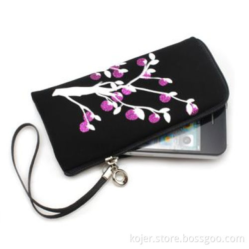 Black Velvet Zipper Pouch for Apple's iPhone 4, with Lanyard, Comes in Various Beautiful Patterns